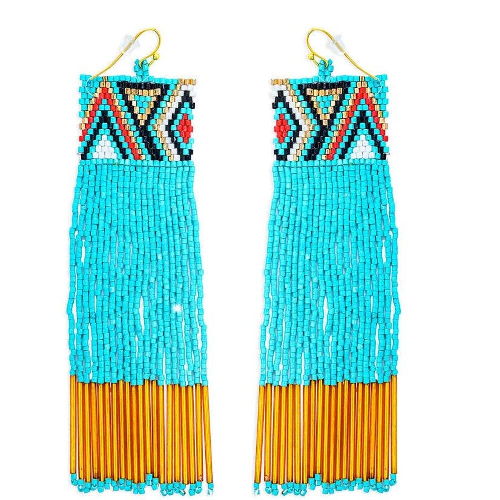 Turquoise Gold Multi Strand Beaded Drop Earrings 4.5"